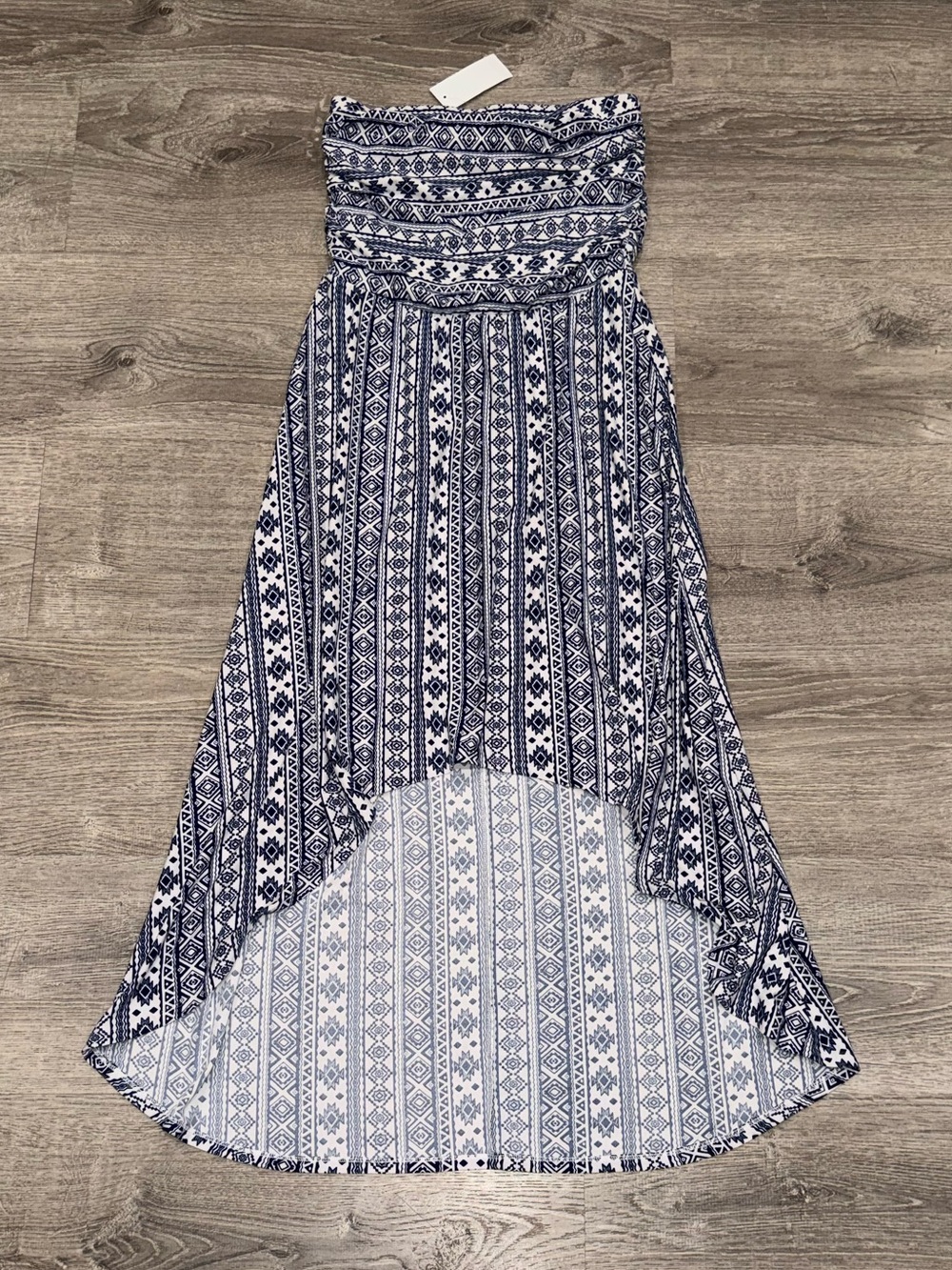 NWT ULTRA FLIRT AZTEC STRAPLESS NAVY WHITE HIGH LOW MIDI DRESS M ANTHROPOLOGIE